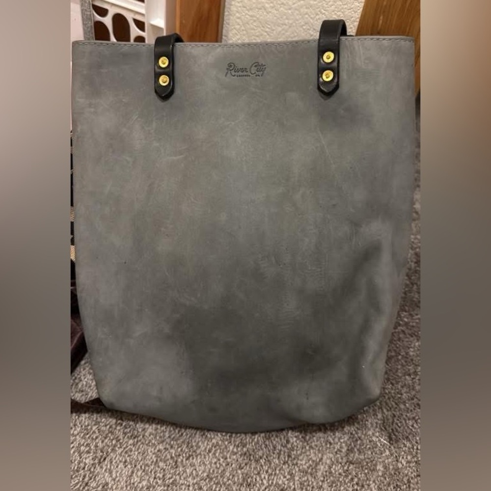 River City Leather Gray Tote with Black Handles